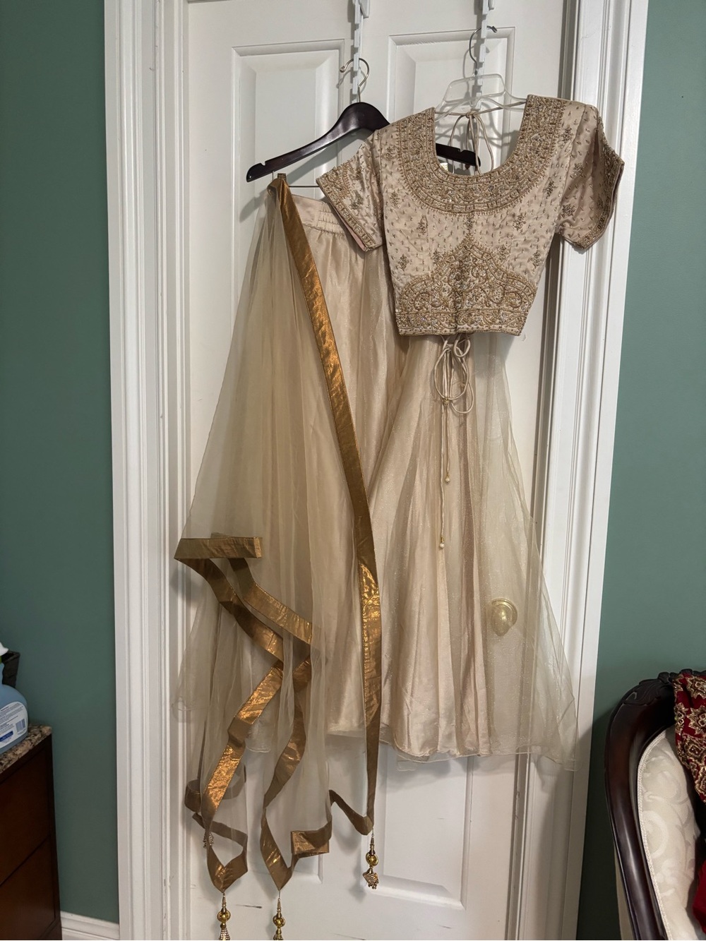 Elegant Beige and Gold Women's Lehenga with Embroidered Blouse